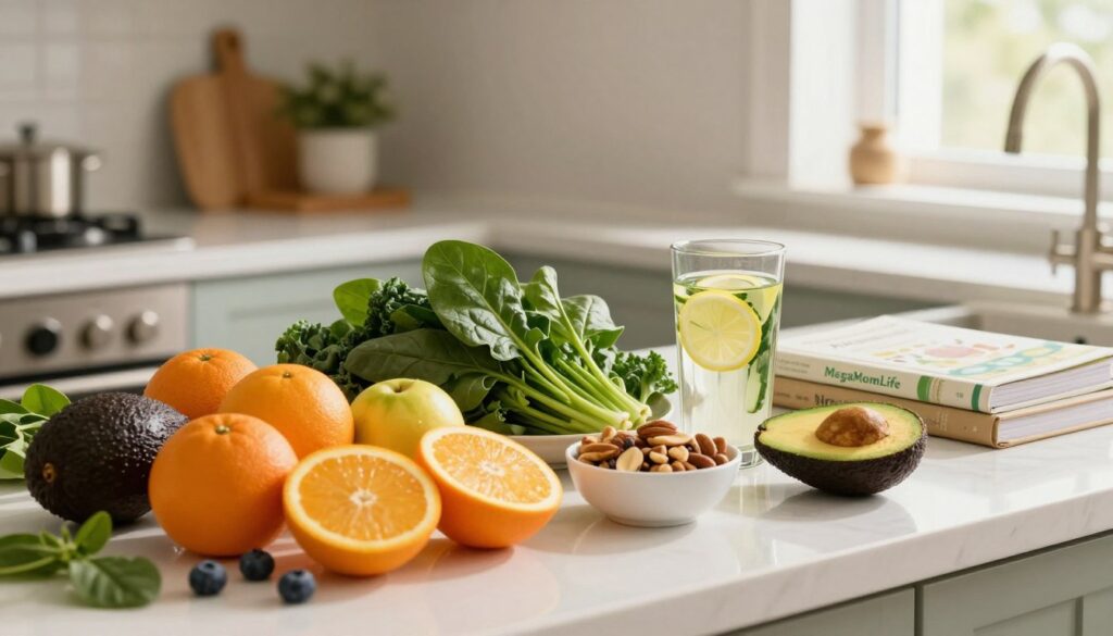 A beautifully arranged kitchen countertop featuring an array of healthy foods known to nourish the skin. In the foreground, a vibrant assortment of fresh fruits such as blueberries, oranges, and avocados, alongside a bowl of mixed nuts. In the middle, green leafy vegetables like spinach and kale, artfully placed next to a glass of infused water with cucumber and lemon slices. Light filters in softly through a nearby window, casting a warm, inviting glow across the scene. The background showcases a cozy, clean home environment that reflects the busy lifestyle of an American mom. The overall mood is uplifting and health-focused, embodying the essence of self-care. The brand name "MegaMomLife" elegantly displayed on a recipe book in the background, enhancing the overall theme.