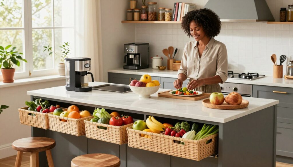 A beautifully organized kitchen island, showcasing a variety of innovative storage solutions. In the foreground, neatly arranged baskets filled with fresh fruits and vegetables. The middle features a spacious countertop with modern appliances, including a coffee maker and an inviting fruit bowl. A busy American mom, dressed in casual, professional attire, is seen preparing a meal, emanating a sense of warmth and productivity. Soft, natural light streams through a nearby window, highlighting the clean, cozy space adorned with vibrant houseplants and stylish kitchen utensils. In the background, shelves filled with organized spices and cookbooks create a harmonious atmosphere. A subtle hint of everyday life, reflecting the theme of "MegaMomLife."