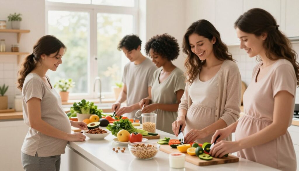 A beautifully organized kitchen scene featuring a diverse group of busy moms preparing healthy meals during pregnancy. In the foreground, a smiling mom in modest casual attire chops colorful vegetables and fruits, while another mom is measuring whole grains. The middle ground shows a table filled with nutrient-rich foods like leafy greens, avocados, nuts, and yogurt. In the background, a sunlit window streams warm, natural light, illuminating the clean, cozy space with soft pastel colors, creating an inviting atmosphere. A subtle touch of the brand "MegaMomLife" is represented through tasteful decor elements, emphasizing a lifestyle focus on nutrition and wellness during pregnancy. Captured at a slightly angled perspective to showcase depth, the image conveys warmth, support, and community among mothers. A beautifully organized kitchen scene featuring a diverse group of busy moms preparing healthy meals during pregnancy. In the foreground, a smiling mom in modest casual attire chops colorful vegetables and fruits, while another mom is measuring whole grains. The middle ground shows a table filled with nutrient-rich foods like leafy greens, avocados, nuts, and yogurt. In the background, a sunlit window streams warm, natural light, illuminating the clean, cozy space with soft pastel colors, creating an inviting atmosphere. A subtle touch of the brand "MegaMomLife" is represented through tasteful decor elements, emphasizing a lifestyle focus on nutrition and wellness during pregnancy. Captured at a slightly angled perspective to showcase depth, the image conveys warmth, support, and community among mothers.