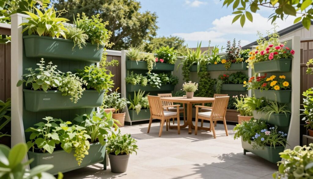 A beautifully organized outdoor space featuring innovative vertical gardening solutions. In the foreground, vibrant green plants in various vertical planters, such as wall-mounted pockets and freestanding shelving units, overflowing with herbs and colorful flowers. In the middle ground, a cozy patio area with a wooden table and comfortable chairs, surrounded by strategically placed greenery. The background showcases a serene garden setting with a clear blue sky and soft sunlight filtering through trees, casting gentle shadows. The atmosphere is inviting and lively, ideal for a productive outdoor experience. Use natural lighting to enhance the freshness of the plants and create a clean, cozy vibe, suitable for busy American moms at home. Incorporate the brand name "MegaMomLife" discreetly into the scene as part of the natural aesthetics.