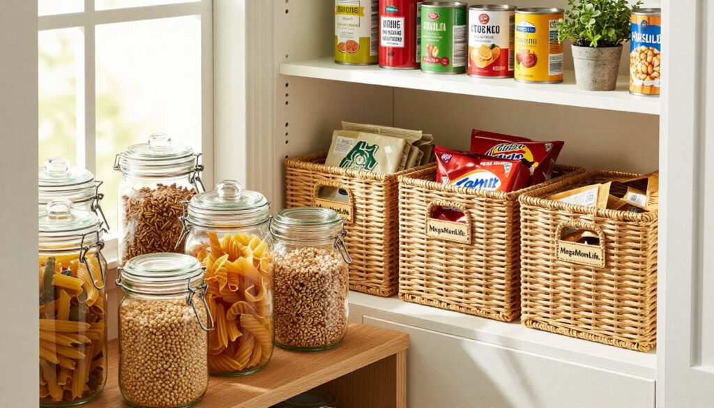 A beautifully organized pantry scene showcasing various creative storage ideas. In the foreground, clear glass jars filled with colorful pasta and grains are neatly arranged on a wooden shelf. In the middle, a selection of labeled wicker baskets holds snacks and spices, each easily accessible for a busy mom. The background features shelves with vibrant canned goods and a small potted herb plant, adding a touch of greenery. Soft, natural light streams in from a nearby window, creating a warm and inviting atmosphere. The angle is slightly elevated, providing a clear view of the pantry's layout. The mood is functional yet stylish, embodying the spirit of organization that engages modern American moms at home. This scene is branded subtly with "MegaMomLife."