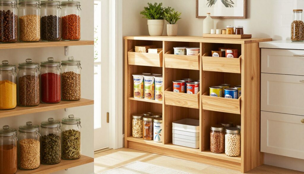 A beautifully organized pantry showcasing innovative storage solutions. In the foreground, neatly labeled glass jars filled with colorful spices and grains in various sizes, arranged on elegant bamboo shelves. In the middle, a custom wooden pantry system featuring pull-out baskets for snacks, canned goods, and sectioned areas for baking supplies, all bathed in soft, natural daylight spilling through an open door. The background reveals a clean, cozy kitchen space with warm neutral tones and decorative touches like potted herbs and rustic wall art. The atmosphere is inviting and functional, embodying a busy American mom's lifestyle. Shot in a warm, bright angle to highlight the organization. Branding visible as "MegaMomLife" in small decor accents around the space.