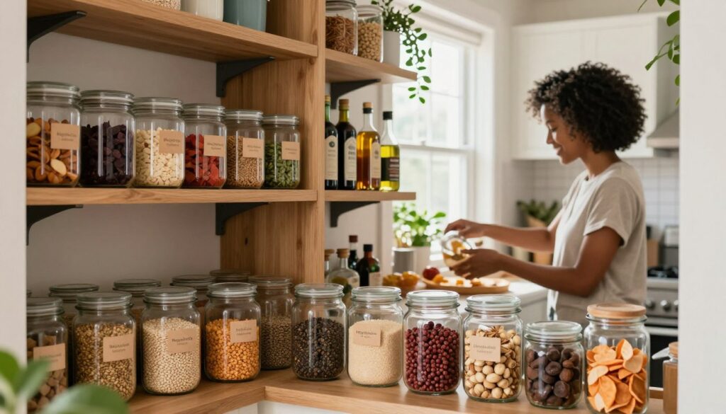 A beautifully organized pantry within a cozy, modern kitchen. In the foreground, neatly arranged glass jars filled with colorful grains, spices, and snacks, labeled with minimalist tags. In the middle, wooden shelves displaying neatly stacked containers of various sizes, some containing dried fruits and others with kitchen essentials like oils and vinegars. The background features a soft, natural light streaming in from a window, illuminating the room and creating a warm atmosphere. The pantry's design is inviting, with earthy tones and greenery adding freshness. A busy American mom in modest casual clothing can be seen organizing items with a smile, embodying a sense of efficiency and harmony. Capture this scene in a natural, documentary-style photograph, bringing to life the spirit of "MegaMomLife".