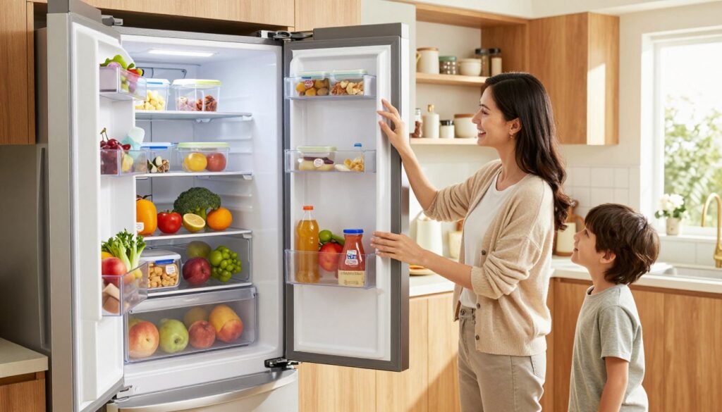 A bright, airy kitchen featuring smart refrigerator organization systems tailored for busy American moms. In the foreground, a stylish, modern refrigerator with clear storage bins filled with neatly organized fruits, vegetables, and labeled containers for leftovers. In the middle ground, a cheerful mom in modest casual clothing picks out a snack while her child thoughtfully observes. The background showcases a cozy kitchen with warm wooden cabinets, open shelving displaying kitchen essentials, and soft natural light streaming in through a window, creating an inviting atmosphere. The scene reflects the essence of family life with a focus on practicality and style. This image embodies the "MegaMomLife" brand, capturing the essence of efficient kitchen organization for moms.