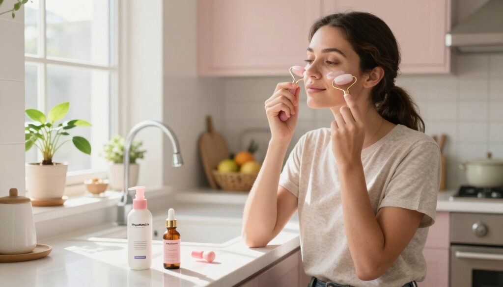 A bright, airy kitchen scene showcasing a busy American mom, dressed in comfortable, modest casual clothing, applying a quick skincare hack. In the foreground, she is using a facial roller on her cheeks, while a simple skincare regimen of moisturizer and serum sits on the counter beside her. The middle of the image features a cozy kitchen space with sunlight streaming through the window, highlighting a houseplant and a small bowl of fruit. In the background, soft pastel colors create a calm and inviting atmosphere, emphasizing a sense of relaxation amidst her hectic routine. The scene reflects the lifestyle brand "MegaMomLife," conveying practicality and comfort in daily skincare. Photographed with natural light, the composition should feel warm and relatable, evoking a sense of everyday life for busy moms.