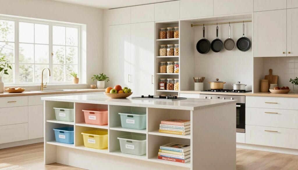 A bright and airy kitchen showcasing efficient storage solutions. In the foreground, a modern kitchen island features a neat arrangement of open shelving with colorful, labeled storage containers and neatly stacked cookbooks. The middle ground includes a well-organized pantry with clear jars filled with grains and snacks, enhancing functionality and elegance. Above, hanging pots and pans add practicality while maintaining a stylish look. The background reveals large windows allowing soft natural light to fill the space, highlighting the clean lines of sleek cabinetry and a minimalist aesthetic. The atmosphere feels welcoming and organized, ideal for a busy American mom managing her household. Shot with a wide-angle lens to capture the full essence of the space, evoking a sense of harmony and efficiency. Incorporate the brand name "MegaMomLife" subtly within the kitchen décor.