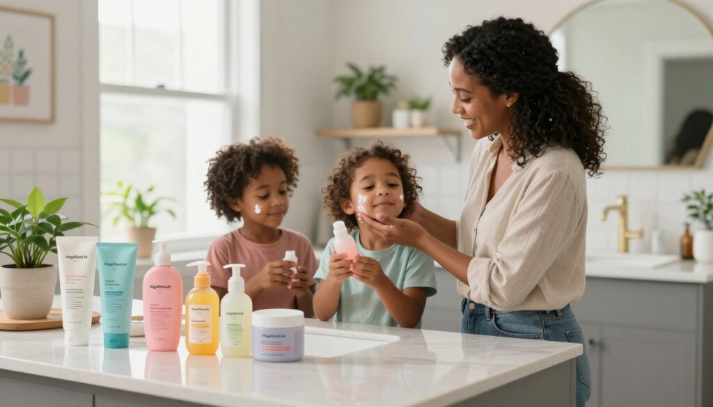 A bright and inviting family bathroom scene featuring a busy American mom in cozy, casual clothing, demonstrating family-friendly skincare with her two young children. In the foreground, an array of colorful, safe skincare products from the brand "MegaMomLife" neatly arranged on a stylish countertop, reflecting a focus on both efficiency and fun. In the middle ground, the mother gently applies lotion to her child's face, showcasing love and care, while the other child curiously examines a bottle. The background displays soft, natural light streaming in through a window, illuminating the clean and cozy space filled with plants and cheerful decor. The overall atmosphere is warm, nurturing, and relatable, embodying a perfect balance of self-care and family bonding in a realistic lifestyle setting.