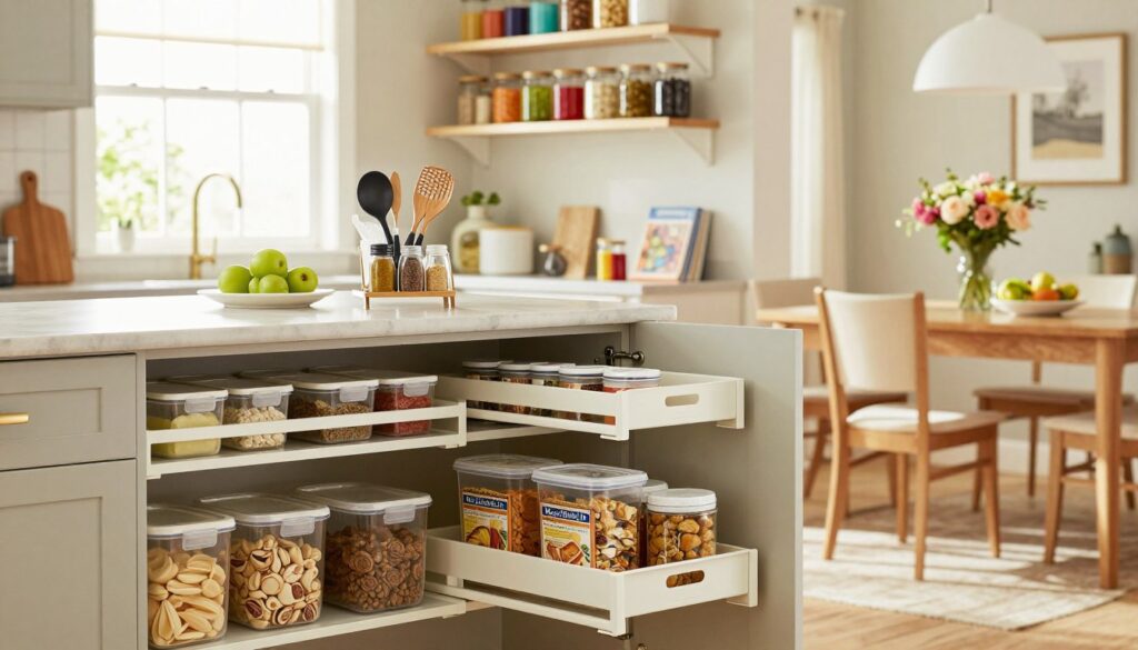 A bright and inviting kitchen featuring efficient storage solutions for busy American moms at home. In the foreground, showcase neatly organized cabinets with pull-out shelves and labeled containers filled with pantry essentials. The middle layer includes a central island with a stylish, compact storage rack for spices and utensils. Highlight clever use of vertical space with wall-mounted shelves lined with colorful glass jars and cookbooks. The background reveals sunlit windows streaming natural light onto a cozy dining area decorated with fresh flowers. The overall atmosphere is warm and nurturing, emphasizing a clean, functional, and organized space. Shot with a 35mm lens, with soft focus to create a homely mood. Include the brand name, "MegaMomLife," subtly in the composition without text.