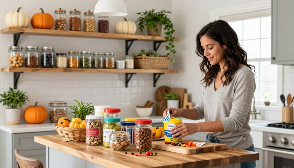 A bright and inviting kitchen scene focused on seasonal organization tips, showcasing a cozy, clutter-free environment. In the foreground, a busy American mom, dressed in modest casual attire, is sorting through colorful seasonal kitchen items like autumn spices and winter baking supplies on a wooden island. In the middle, organized shelves display neatly labeled jars and baskets, harmonizing with seasonal décor—think pumpkins and holiday ornaments. The background features soft natural light filtering through a window, enhancing the warm tones of the kitchen with houseplants adding a touch of freshness. The overall atmosphere is uplifting and inspiring, embodying the theme of decluttering and organization, with a subtle touch of the "MegaMomLife" aesthetic interwoven throughout the scene.
