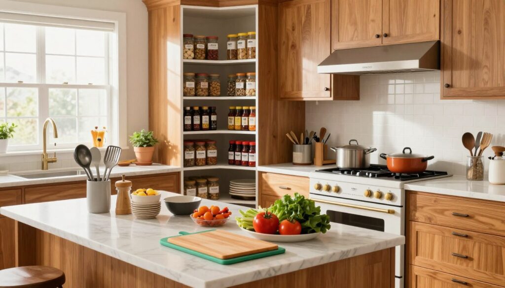 A bright and organized kitchen with designated zones for meal prep. In the foreground, a cozy kitchen island showcases neatly arranged utensils, colorful chopping boards, and fresh veggies. The middle ground features a well-organized pantry with labeled jars and a spice rack, while a cooking station on one side has pots and pans displayed aesthetically. In the background, natural light pours in through large windows, illuminating the space and enhancing the warm wooden cabinets and marble countertops. The overall atmosphere is inviting and productive, reflecting a busy American mom’s efficient cooking environment. Capture the essence of MegaMomLife with a realistic lifestyle portrayal that emphasizes harmony and organization in a home kitchen setting.