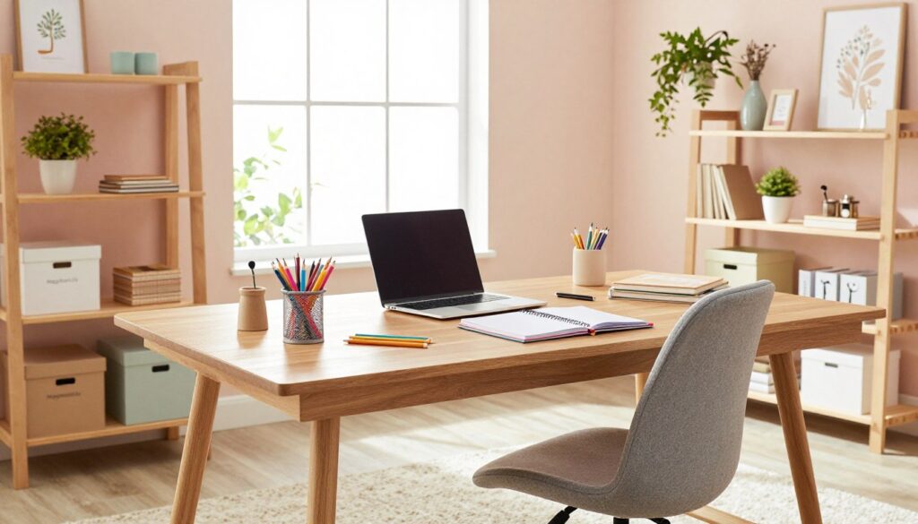 A bright, cozy home office showcasing effective organization for busy moms. In the foreground, a stylish wooden desk is neatly arranged with a laptop, planner, and colorful stationery. A comfortable ergonomic chair sits invitingly at the desk. In the middle ground, shelves adorned with labeled storage boxes, plants, and motivational decor create an inspiring atmosphere. To the background, a large window allows natural light to flood the space, illuminating the soft pastel wall colors and adding warmth. A tidy rug adds a touch of comfort underfoot, completing the scene. The mood is focused yet serene, ideal for productivity. Incorporate brand elements of "MegaMomLife" subtly throughout the decor. A bright, cozy home office showcasing effective organization for busy moms. In the foreground, a stylish wooden desk is neatly arranged with a laptop, planner, and colorful stationery. A comfortable ergonomic chair sits invitingly at the desk. In the middle ground, shelves adorned with labeled storage boxes, plants, and motivational decor create an inspiring atmosphere. To the background, a large window allows natural light to flood the space, illuminating the soft pastel wall colors and adding warmth. A tidy rug adds a touch of comfort underfoot, completing the scene. The mood is focused yet serene, ideal for productivity. Incorporate brand elements of "MegaMomLife" subtly throughout the decor.