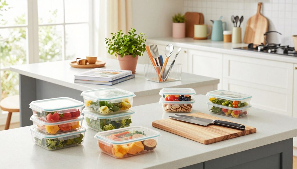 A bright, organized kitchen scene showcasing efficient meal prep solutions for busy American moms. In the foreground, a clean countertop features neatly arranged meal prep containers filled with colorful, healthy ingredients, alongside a modern cutting board and sharp knives. In the middle, an inviting kitchen island is adorned with a stylish cookbook, a potted herb plant, and various utensils organized in a clear tray. The background reveals an airy, cozy kitchen with white cabinetry, soft pastel accents, and large windows letting in natural light, creating a warm and welcoming atmosphere. Capture this image from a slightly elevated angle to emphasize the layout. The mood is inspiring and practical, embodying the essence of "MegaMomLife" as a brand dedicated to effective kitchen organization for mothers.