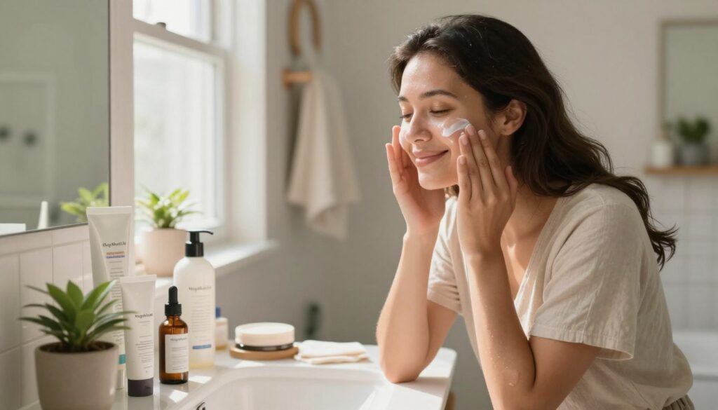 A busy American mom in a cozy, sunlit bathroom is engaged in her hydrating skincare routine. She has a warm smile and is wearing a comfortable, modest top. In the foreground, she applies a lightweight moisturizer to her face, showcasing a glowing complexion. Surrounding her, the countertop is neatly arranged with various skincare products, including serums and hydration masks. A small, potted plant adds a touch of freshness. In the background, soft natural light filters through a frosted window, enhancing the serene atmosphere. The space feels inviting and clean, reflecting a comfortable home. Capture this moment with a soft focus on the woman and sharp details on the skincare products, emphasizing the essence of self-care in a busy lifestyle. Branding elements should subtly display "MegaMomLife" within the scene.