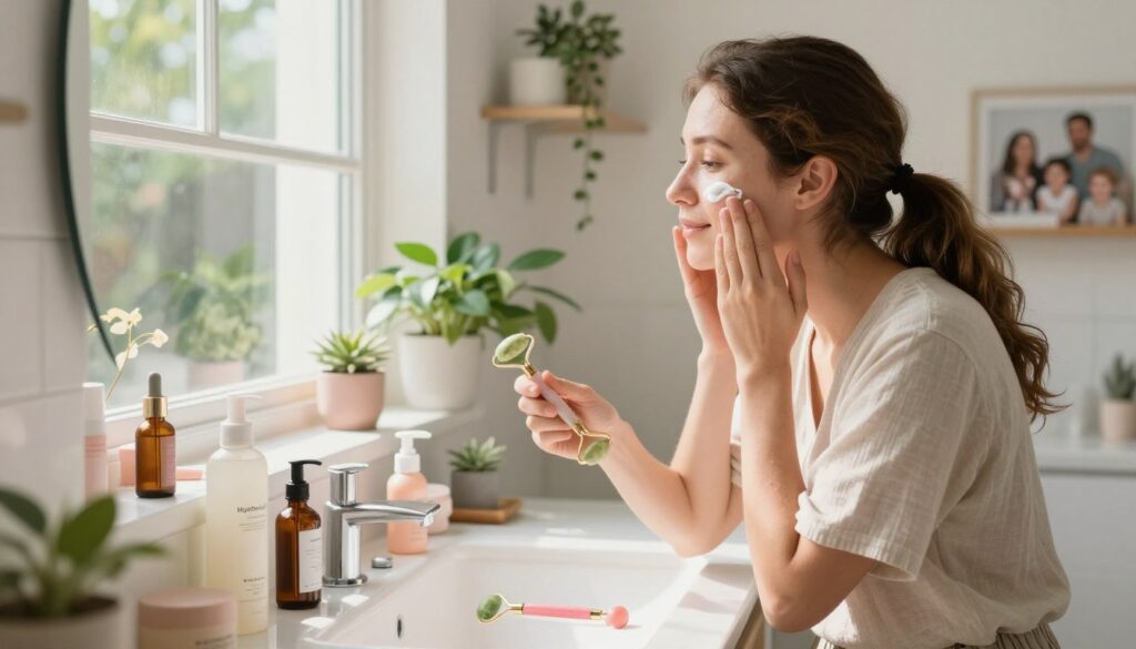 A busy mom in a cozy, sunlit bathroom, engaged in her morning skincare routine. She is in her early 30s, wearing modest, casual clothing, with her hair in a ponytail. In the foreground, she is applying moisturizer to her face, surrounded by various skincare products like serums and a facial roller on a neat countertop. The middle layer features softly glowing natural light filtering through the window, illuminating the clean, inviting space adorned with plants and pastel decor. In the background, a glimpse of a family photo can be seen, adding warmth to the scene. The atmosphere is lively and nurturing, capturing the essence of a dynamic yet calm morning ritual. MegaMomLife branding subtly included in the arrangement of products.