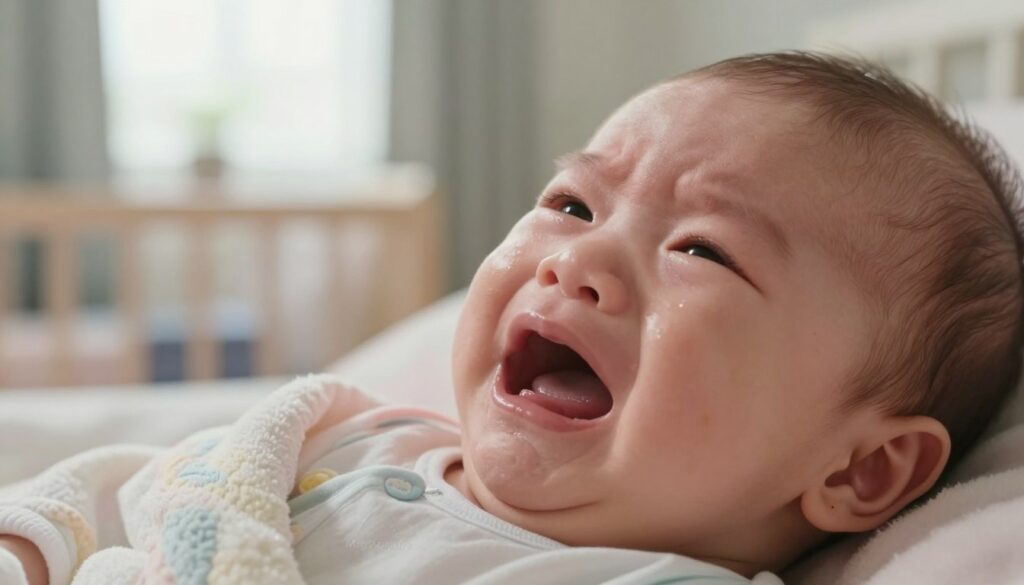 A close-up of an infant crying, capturing the raw emotion and expression on the baby's face. The foreground features the baby with big expressive eyes, an open mouth, and tears glistening. The middle layer includes the baby's gentle, soft skin, wrapped in a cozy, pastel-colored blanket, hinting at the warmth and comfort of home. In the background, a softly blurred cozy nursery with natural light streaming in through a window, illuminating the space with a warm glow, creating a nurturing atmosphere. The scene communicates the tenderness of newborn care and the understanding of infant behavior, set within a serene and inviting environment, reflecting the essence of "MegaMomLife." A close-up of an infant crying, capturing the raw emotion and expression on the baby's face. The foreground features the baby with big expressive eyes, an open mouth, and tears glistening. The middle layer includes the baby's gentle, soft skin, wrapped in a cozy, pastel-colored blanket, hinting at the warmth and comfort of home. In the background, a softly blurred cozy nursery with natural light streaming in through a window, illuminating the space with a warm glow, creating a nurturing atmosphere. The scene communicates the tenderness of newborn care and the understanding of infant behavior, set within a serene and inviting environment, reflecting the essence of "MegaMomLife."