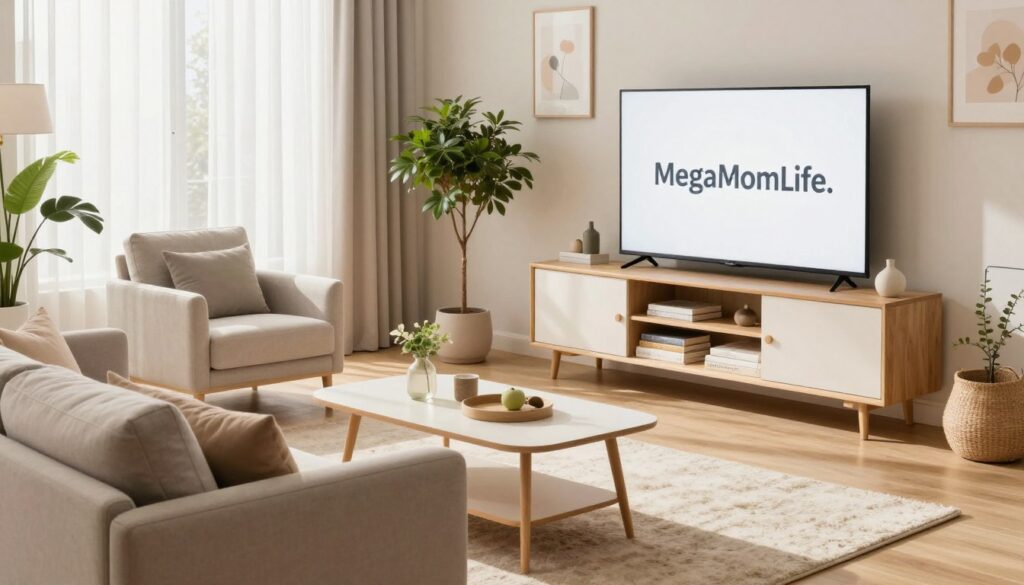 A clutter-free living room designed for functionality and comfort, perfect for a small home. In the foreground, a cozy sofa with soft, neutral-toned cushions, a minimalist coffee table with a few decorative items, and a plush area rug. In the middle ground, a modern entertainment unit neatly storing books and decor, paired with a stylish armchair. The background features light, airy curtains allowing natural sunlight to flood the room, illuminating the space. Potted greenery adds a touch of life, while wall art in subtle pastels complements the serene atmosphere. The overall mood is inviting and organized, showcasing a balance of style and practicality ideal for busy American moms, branded with "MegaMomLife." Use soft daylighting to enhance the warmth, captured from a slight angle for depth.