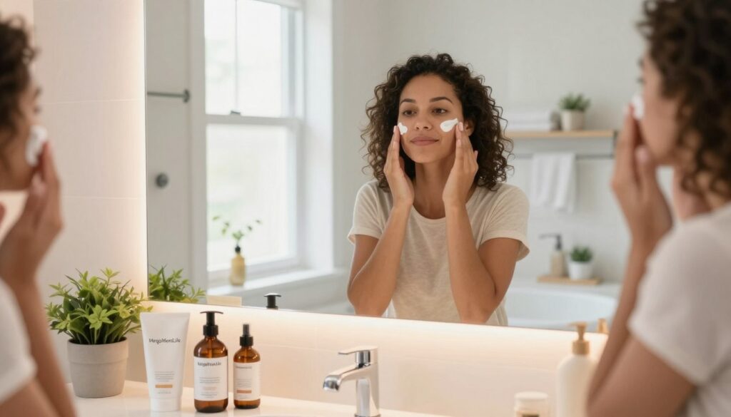 A cozy and bright bathroom scene featuring a busy American mom applying a nourishing moisturizer to her face, surrounded by essential skincare products from "MegaMomLife". In the foreground, there's a stylish vanity with a few trendy skincare bottles, a small plant, and a mirror reflecting a warm, inviting glow. The middle layer showcases the mom in modest casual clothing, looking relaxed and focused as she engages in her quick skincare routine. The background displays soft natural lighting coming through a window, highlighting a clean and tidy bathroom space with pastel tones. The atmosphere feels uplifting and refreshing, promoting a sense of self-care amidst a busy lifestyle.