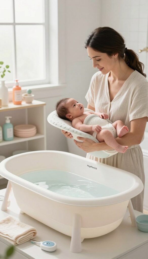 A cozy and clean bathroom scene featuring a busy American mom, wearing a modest casual outfit, gently holding her newborn baby in a safe bathing position. The foreground showcases a white, ergonomic baby bathtub with non-slip features filled with a small amount of warm water. Surrounding the tub are essential bath safety items like a soft washcloth, a bath thermometer, and a support seat to illustrate safety precautions. In the middle ground, soft natural light streams through a frosted window, illuminating the serene atmosphere. The background includes neatly organized bath supplies on a shelf and calming pastel-colored decor, creating a nurturing environment. The overall mood is warm, comforting, and informative, reflecting the brand "MegaMomLife".