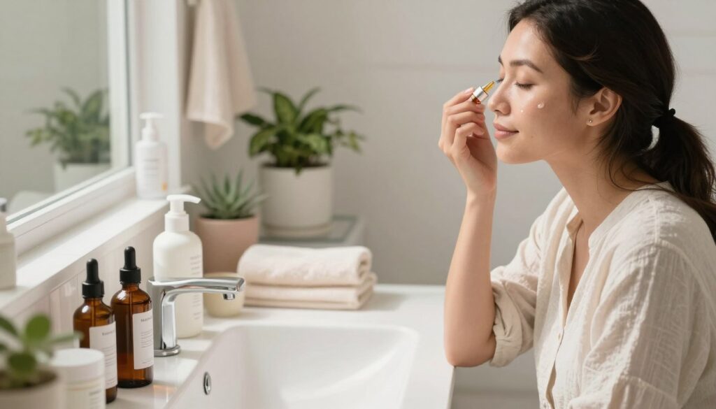 A cozy and clean bathroom setting, showcasing a busy American mom applying targeted skincare treatments, such as serums and spot treatments, with a gentle focus on her glowing skin. Foreground features an elegant vanity with various skincare products neatly organized; a calming color palette of whites and soft pastels suggests tranquility. The mom, dressed in modest, casual attire, has a serene expression as she expertly applies a small drop of a serum to her cheek. Natural light streams in from a nearby window, illuminating the scene with a soft, warm glow. In the background, potted plants and fluffy towels create a soothing atmosphere, emphasizing a quick yet effective skincare routine. The branding "MegaMomLife" appears subtly in the corner, symbolizing empowerment for busy moms.