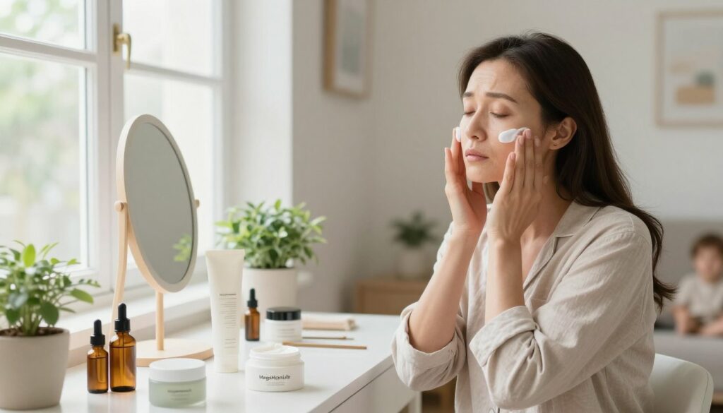 A cozy and clean home setting, featuring a tired mom engaging in a self-care routine. In the foreground, the mom, dressed in comfortable, modest loungewear, applies a gentle moisturizer to her face, surrounded by skincare products from "MegaMomLife". A serene expression reveals her effort to rejuvenate her tired skin. The middle ground shows a bright window with soft, natural light flooding in, illuminating a tidy vanity filled with items like a bright mirror, essential oils, and a potted plant for a touch of life. In the background, hints of a family-friendly living space are visible, conveying warmth and comfort. The overall mood is calming and restorative, emphasizing the importance of self-care for busy moms.