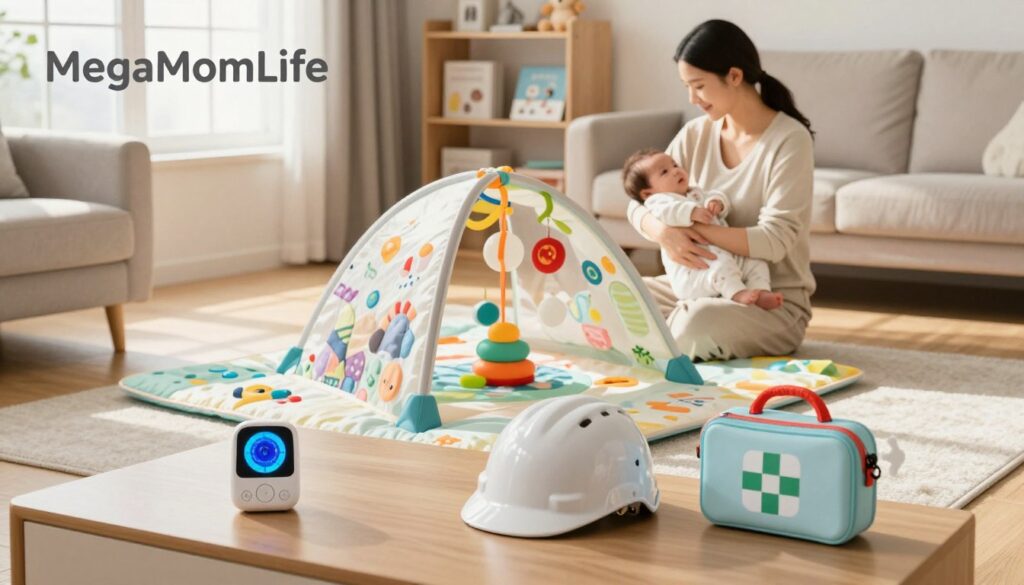 A cozy and clean living room scene with a busy mom gently holding a newborn, both depicted in modest casual clothing. The foreground features health and safety gear for newborns, including a baby monitor, a soft safety helmet, and a first-aid kit, arranged thoughtfully on a coffee table. In the middle, a neatly arranged play mat with safety toys and a child-friendly corner, surrounded by gentle sunlight streaming through a window, highlighting the warmth and safety of the environment. The background includes shelves with neatly organized baby books and plush toys, creating an inviting atmosphere, all under soft, natural lighting. The image embodies the essence of “MegaMomLife,” portraying a nurturing and safe space for new parents and their babies. A cozy and clean living room scene with a busy mom gently holding a newborn, both depicted in modest casual clothing. The foreground features health and safety gear for newborns, including a baby monitor, a soft safety helmet, and a first-aid kit, arranged thoughtfully on a coffee table. In the middle, a neatly arranged play mat with safety toys and a child-friendly corner, surrounded by gentle sunlight streaming through a window, highlighting the warmth and safety of the environment. The background includes shelves with neatly organized baby books and plush toys, creating an inviting atmosphere, all under soft, natural lighting. The image embodies the essence of “MegaMomLife,” portraying a nurturing and safe space for new parents and their babies.