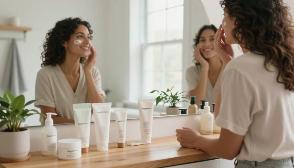 A cozy and inviting bathroom scene featuring busy American moms in modest casual clothing, engaged in their low-maintenance skincare routines. In the foreground, a variety of skincare products from the brand "MegaMomLife" are artfully arranged on a sleek wooden countertop, showcasing minimalist packaging. The middle ground captures one mom gently applying a cream to her face while another mom is seen smiling at her reflection in a simple mirror. Soft, natural light filters in through a window, illuminating the clean and airy space, adorned with potted plants and neutral-toned decor. The atmosphere is warm and relaxed, emphasizing simplicity and practicality in skincare, creating an uplifting sense of empowerment for moms.