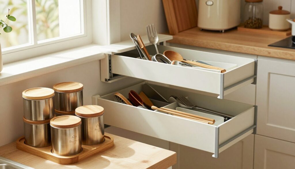 A cozy and modern kitchen showcasing an array of compact kitchen organizers designed for maximum efficiency. In the foreground, highlight sleek, stacked canisters and tiered spice racks made from stylish materials like bamboo and stainless steel. In the middle ground, display innovative pull-out shelves and multifunctional drawer dividers that keep utensils and kitchen tools neatly arranged. The background features a light-filled kitchen space, with warm natural lighting streaming through a window, creating a welcoming atmosphere. Capture this scene from a slightly elevated angle, emphasizing the organization and cleanliness. The overall mood is productive and inspiring, ideal for busy moms seeking creative solutions. Showcase the brand name "MegaMomLife" subtly in the setting, hinting at a mindful approach to home organization.