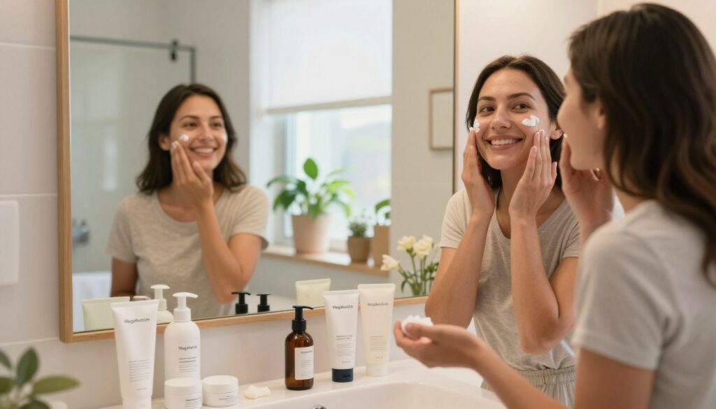 A cozy bathroom scene featuring a busy American mom in modest casual clothing, demonstrating her quick skincare routine. In the foreground, she applies a gentle moisturizer to her face while smiling, surrounded by an array of neatly arranged skincare products, including cleansers, serums, and creams, branded "MegaMomLife". The middle ground shows a large mirror reflecting the mom’s relaxed demeanor, with soft lighting accentuating the warm, inviting tones of the space. In the background, light streams in through a window adorned with fresh plants, enhancing the feeling of tranquility and self-care. The atmosphere is bright and cheerful, embodying a sense of balance and simplicity in daily life. The entire image conveys a nurturing and supportive environment for incorporating skincare into a busy mom's routine.