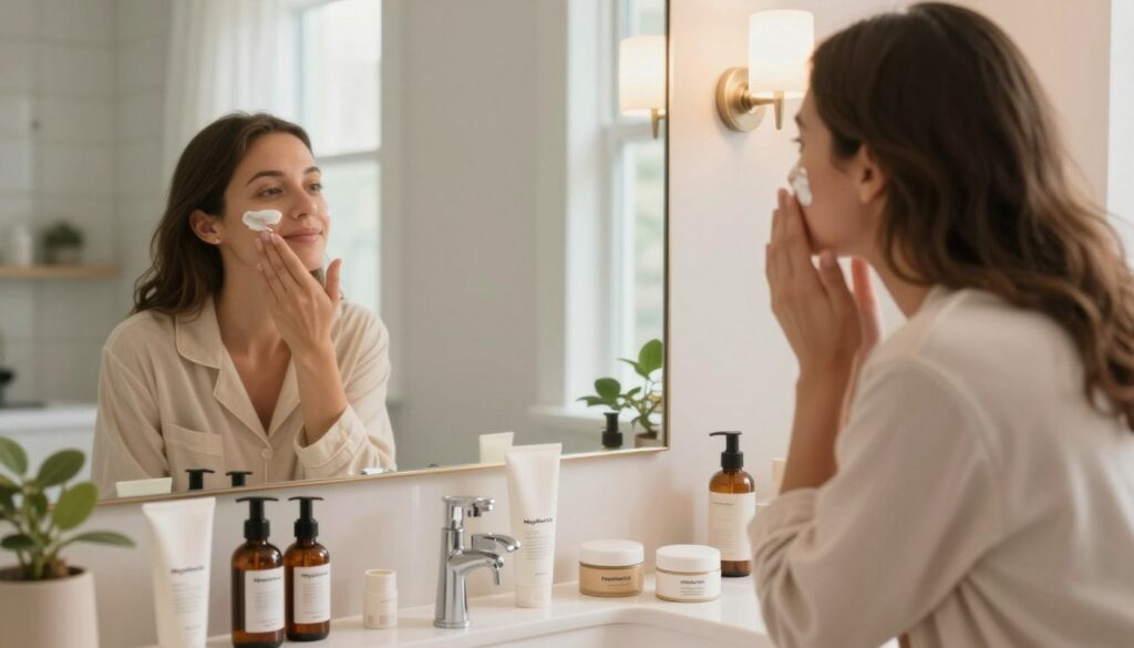 A cozy bathroom scene featuring a busy mom engaged in her daily skincare routine. In the foreground, she applies moisturizer to her glowing skin, wearing comfortable but stylish loungewear. A variety of skincare products, including serums and creams, are neatly organized on the countertop, branded with "MegaMomLife." In the middle, a large mirror reflects her concentration and joy, while soft natural light streams through a window, creating a warm ambiance. In the background, hints of a clean, well-decorated bathroom with greenery visible through the window enhance the inviting atmosphere. The overall mood is calm and empowering, capturing the essence of self-care amidst a busy lifestyle.