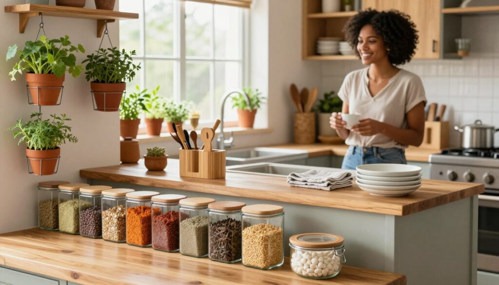 A cozy, eco-friendly kitchen organized with innovative solutions, showcasing natural materials like bamboo and recycled wood. In the foreground, neatly arranged glass containers filled with colorful spices and grains, and hanging metal racks with vibrant herbs in terracotta pots. The middle ground features a stylish wooden island topped with eco-conscious kitchen tools, including biodegradable dishware and linen towels. In the background, sunlight streams through a large window, illuminating green plants and a small herb garden on the windowsill. A busy American mom in modest casual clothing, with a warm smile, stands by the sink, discussing organization tips. The atmosphere is inviting and serene, highlighting sustainability in a modern kitchen setting. Captured in soft, natural light with a slight depth of field, ensuring a clean and professional look for MegaMomLife.