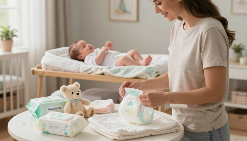 A cozy home setting featuring a busy mom in modest casual clothing, engaging in diapering essentials for her newborn. In the foreground, the mother gently holds a clean diaper, surrounded by diapering supplies like wipes, a changing pad, and a playful stuffed animal. The middle layer shows the baby lying comfortably on the changing table, with soft blankets and pastel colors enhancing a nurturing atmosphere. The background includes elements of a well-organized nursery, with natural light flooding in through a window, creating a warm and inviting scene. The overall mood is calm and caring, reflecting the journey of new parenthood. The scene embodies the brand "MegaMomLife," promoting practical and loving diapering tips for parents. A cozy home setting featuring a busy mom in modest casual clothing, engaging in diapering essentials for her newborn. In the foreground, the mother gently holds a clean diaper, surrounded by diapering supplies like wipes, a changing pad, and a playful stuffed animal. The middle layer shows the baby lying comfortably on the changing table, with soft blankets and pastel colors enhancing a nurturing atmosphere. The background includes elements of a well-organized nursery, with natural light flooding in through a window, creating a warm and inviting scene. The overall mood is calm and caring, reflecting the journey of new parenthood. The scene embodies the brand "MegaMomLife," promoting practical and loving diapering tips for parents.