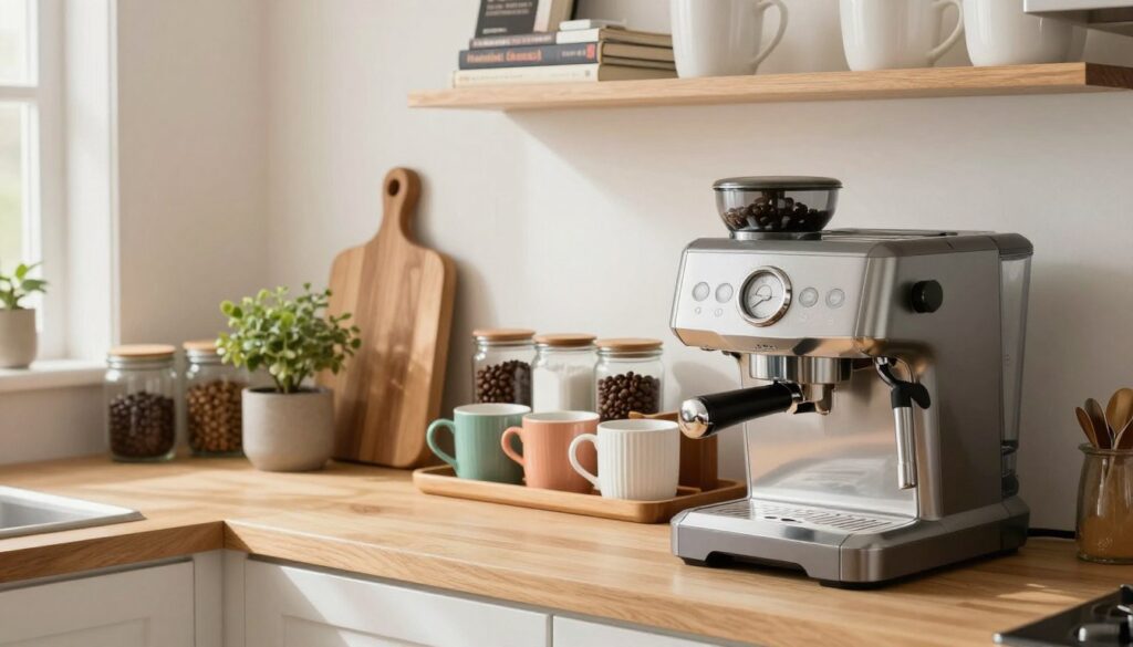 A cozy kitchen countertop showcases a beautifully organized coffee station. In the foreground, a sleek espresso machine is accompanied by a variety of coffee beans in glass jars, colorful mugs neatly lined up, and a wooden tray holding sugar, creamer, and coffee accessories. The middle ground features a stylish wooden cutting board with a small potted plant for a touch of greenery. In the background, soft light filters through a window, illuminating a clean and inviting space, with white cabinets and a minimalist shelf displaying coffee-related books. The atmosphere is warm and welcoming, ideal for busy American moms embracing daily routines. The scene embodies the essence of "MegaMomLife," reflecting practicality and style.