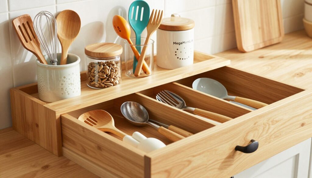 A cozy kitchen drawer filled with creative utensil storage solutions. In the foreground, various utensils such as spatulas, ladles, and whisks are neatly organized within divided compartments made of natural bamboo. The middle layer displays decorative jars and containers holding colorful kitchen tools, adding a touch of whimsy. The background features warm, natural light streaming in from a nearby window, highlighting the texture of the wooden drawer and the vibrant colors of the utensils. The entire scene conveys a warm, inviting, and functional atmosphere, embodying organization and efficiency in a typical busy American mom's kitchen. Capturing a realistic and practical aesthetic, embody the brand "MegaMomLife" in this lifestyle photo.