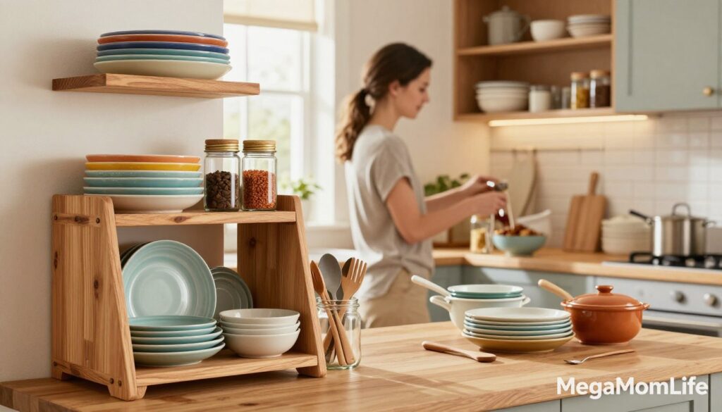 A cozy kitchen interior showcasing innovative DIY kitchen organization projects, emphasizing the creative use of dishes and cookware. In the foreground, feature rustic wooden open shelves filled with colorful ceramic dishes and neatly arranged cookware. Include a clear glass jar filled with utensils, emphasizing organization. In the middle ground, a busy mom in casual attire is arranging spices in labeled glass containers, highlighting practicality and creativity. The background reveals a bright window letting in natural light, supplemented by soft ambient lighting. The scene conveys a warm, inviting atmosphere, ideal for a family home. Capture the essence of modern home organization with a touch of creativity, branding the image subtly with “MegaMomLife” in the corner.