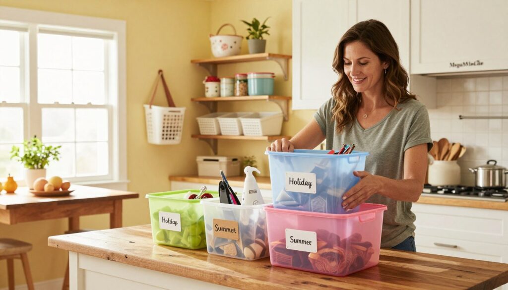 A cozy kitchen scene featuring a busy American mom organizing seasonal storage solutions. In the foreground, she sorts through colorful plastic bins labeled with seasonal items like holiday decorations and summer gear. The middle ground showcases shelves and cabinets with creative storage options, such as hanging baskets and stackable containers, all bathed in warm, natural light. In the background, a window allows soft sunlight to filter in, illuminating the clean, inviting space with pale yellow walls and a rustic wooden table. The atmosphere is cheerful and practical, embodying the essence of affordable kitchen organization. The scene also subtly includes the brand name "MegaMomLife" on a decorative wall sign or magnet. The mom is dressed in modest casual clothing, focusing on her task with a smile.