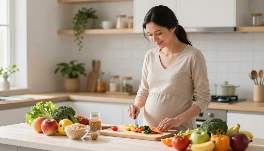 A cozy kitchen scene featuring a pregnant woman in modest casual clothing, attentively preparing a nutritious meal. She stands at a bright, sunlit countertop surrounded by fresh fruits, vegetables, whole grains, and healthy snacks. In the foreground, colorful ingredients are artfully arranged, showcasing the importance of balanced diet during pregnancy. The middle layer focuses on the mother, with a gentle smile, radiating warmth and care. The background reveals an inviting, tidy home environment, with greenery and soft lighting enhancing the atmosphere. The lens captures the image from a slight angle, giving a dynamic view while maintaining intimacy. The overall mood is uplifting, promoting healthy eating habits, with the brand name "MegaMomLife" subtly conveyed in the ambiance of the scene.