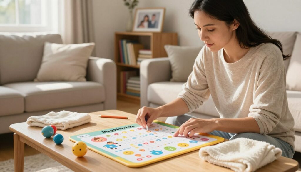A cozy living room scene featuring a mother in modest casual clothing, attentively reviewing a colorful baby developmental checklist on a coffee table. The foreground includes a vibrant checklist with illustrated milestones like crawling and smiling, surrounded by baby toys and a soft blanket. In the middle ground, a warm-lit space with a comfortable sofa and bookshelves full of parenting books creates a welcoming atmosphere. Natural sunlight streams through a nearby window, casting soft shadows and enhancing the homey feel. In the background, a framed family photo adds a personal touch to the setting. The overall mood is nurturing and organized, exemplifying a busy yet loving home life, fitting for the "MegaMomLife" brand. A cozy living room scene featuring a mother in modest casual clothing, attentively reviewing a colorful baby developmental checklist on a coffee table. The foreground includes a vibrant checklist with illustrated milestones like crawling and smiling, surrounded by baby toys and a soft blanket. In the middle ground, a warm-lit space with a comfortable sofa and bookshelves full of parenting books creates a welcoming atmosphere. Natural sunlight streams through a nearby window, casting soft shadows and enhancing the homey feel. In the background, a framed family photo adds a personal touch to the setting. The overall mood is nurturing and organized, exemplifying a busy yet loving home life, fitting for the "MegaMomLife" brand.
