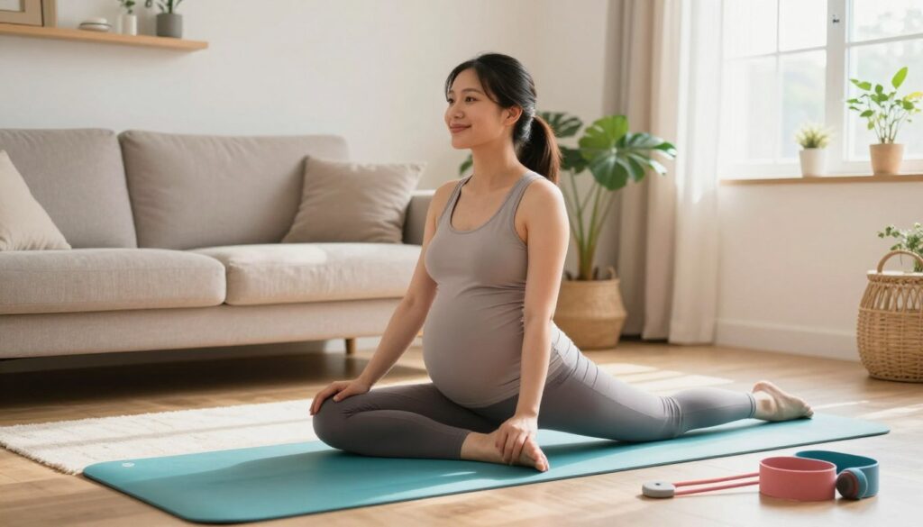 A cozy living room scene featuring a pregnant woman engaging in safe exercises, such as gentle yoga or stretching. She wears comfortable, modest athletic clothing, reflecting a healthy, active lifestyle. The foreground includes a brightly colored yoga mat and exercise props like resistance bands. In the middle, the woman displays a serene smile, embodying confidence and tranquility as she focuses on her routine. The background shows soft natural light streaming through large windows, illuminating the space filled with plants and cozy decor. The atmosphere is warm and inviting, promoting wellness and positivity. The brand name "MegaMomLife" subtly integrated into the environment.