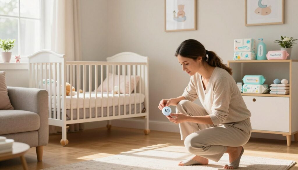 A cozy living room scene reflecting a mother preparing her home for a baby. In the foreground, a busy mom in comfortable, modest clothing is crouched down, testing a safety plug cover, focused and engaged. In the middle ground, a stylishly decorated nursery corner features a crib with soft pastel bedding and plush toys, alongside a shelf filled with baby essentials like diapers and wipes. The background reveals natural light streaming in through a window, casting a warm glow on the light-colored walls and hardwood floors. The atmosphere is one of warmth, care, and anticipation, embodying the essence of "MegaMomLife." The image should be bright, inviting, and safe, capturing the essence of a nurturing environment. A cozy living room scene reflecting a mother preparing her home for a baby. In the foreground, a busy mom in comfortable, modest clothing is crouched down, testing a safety plug cover, focused and engaged. In the middle ground, a stylishly decorated nursery corner features a crib with soft pastel bedding and plush toys, alongside a shelf filled with baby essentials like diapers and wipes. The background reveals natural light streaming in through a window, casting a warm glow on the light-colored walls and hardwood floors. The atmosphere is one of warmth, care, and anticipation, embodying the essence of "MegaMomLife." The image should be bright, inviting, and safe, capturing the essence of a nurturing environment.