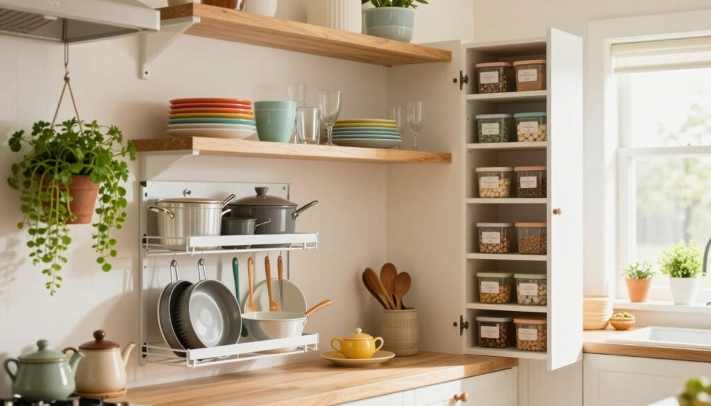 A cozy, modern kitchen featuring clever space-saving solutions aimed at utilizing vertical space. In the foreground, there is a well-organized, wall-mounted rack with neatly arranged pots and pans, maximizing kitchen storage. To the left, a hanging herb garden with vibrant green plants adds life and color. The middle ground shows open shelves displaying colorful dishes and glassware, while a compact, vertical pantry cabinet occupies the right side, showcasing labeled containers for easy access. The background reveals a bright window allowing natural light to flood the room, creating an inviting atmosphere. The kitchen has warm wooden accents and a clean, organized look, ideal for busy American moms. Capture this scene with a soft focus lens to enhance the coziness, reflecting the brand "MegaMomLife."