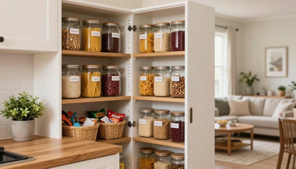 A cozy small kitchen pantry, expertly organized with a variety of labeled glass jars filled with dry goods like pasta, rice, and beans. Wooden shelves hold neatly stacked spices, and baskets contain snacks and loose items, all arranged thoughtfully. In the foreground, a modern, wooden countertop is adorned with a small potted plant and color-coordinated kitchen tools. The middle ground features the pantry door slightly ajar, revealing the organized interior in natural light, creating a warm atmosphere. In the background, the kitchen flows into a bright living space, emphasizing a homey vibe. Use a shallow depth of field to focus on the pantry details while softening the background. This image represents a practical and efficient life in a busy American mom's home, embodying the essence of MegaMomLife.