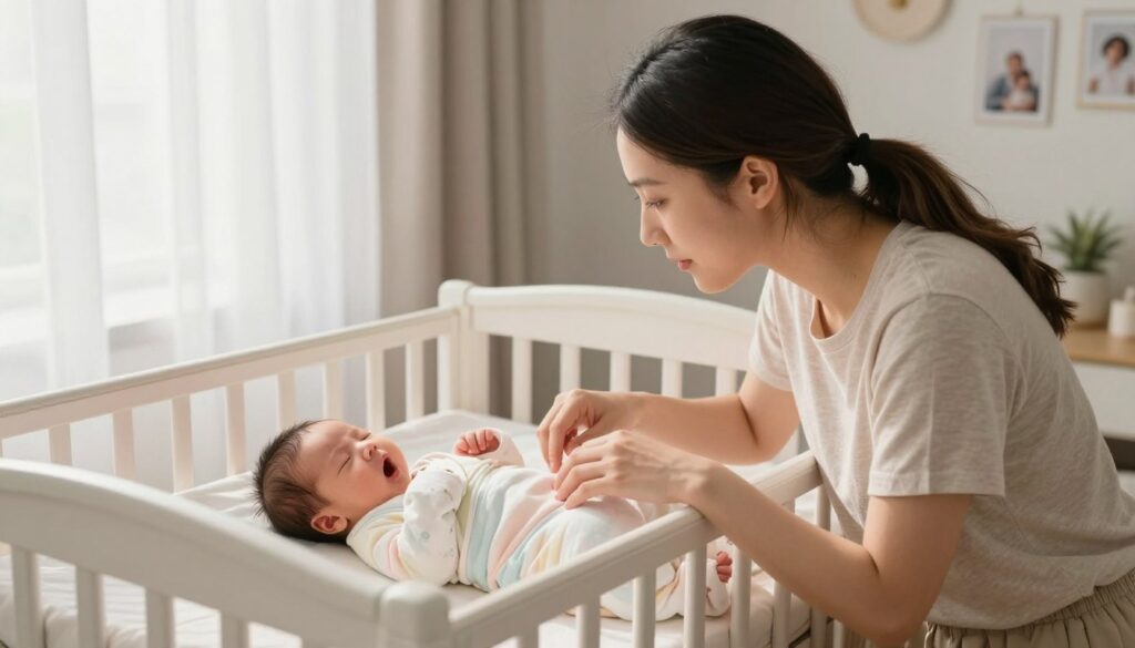 A cozy, softly lit nursery scene depicting a busy mom wearing comfortable, modest casual clothing as she gently observes her newborn sleeping in a crib. The foreground features the mom leaning against the crib, her face expressing a mix of tenderness and focus, with her hand resting near the baby's tiny hands. In the middle, the peaceful newborn is wrapped in a soft, pastel-colored swaddle, showing subtle signs of sleep cues like yawning and closing eyes. The background features warm, natural light filtering through sheer curtains, illuminating a clean, organized space adorned with family photos and soothing decorations. The atmosphere is tranquil and heartwarming, reflecting the bond between mother and child as part of the MegaMomLife brand ethos. A cozy, softly lit nursery scene depicting a busy mom wearing comfortable, modest casual clothing as she gently observes her newborn sleeping in a crib. The foreground features the mom leaning against the crib, her face expressing a mix of tenderness and focus, with her hand resting near the baby's tiny hands. In the middle, the peaceful newborn is wrapped in a soft, pastel-colored swaddle, showing subtle signs of sleep cues like yawning and closing eyes. The background features warm, natural light filtering through sheer curtains, illuminating a clean, organized space adorned with family photos and soothing decorations. The atmosphere is tranquil and heartwarming, reflecting the bond between mother and child as part of the MegaMomLife brand ethos.