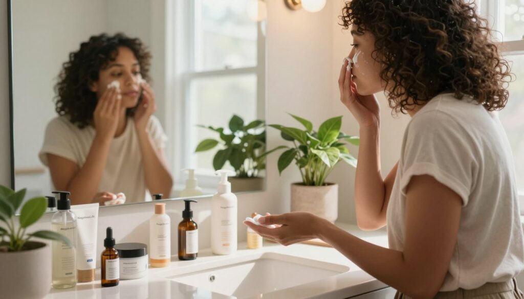 A cozy, sunlit bathroom featuring a busy American mom in modest casual clothing, engaged in a quick and efficient skincare routine. In the foreground, a sleek countertop showcases a variety of essential skincare products, labeled with the brand name "MegaMomLife." The mom, with a relaxed yet focused expression, is applying a moisturizer while a mirror reflects her multitasking spirit. In the middle ground, a potted plant adds a touch of greenery, enhancing the serene atmosphere. In the background, soft natural light filters through a window, casting gentle shadows that emphasize the calmness of the space. The mood should be one of efficiency and tranquility, showcasing a manageable skincare routine that fits seamlessly into a busy mom's life.