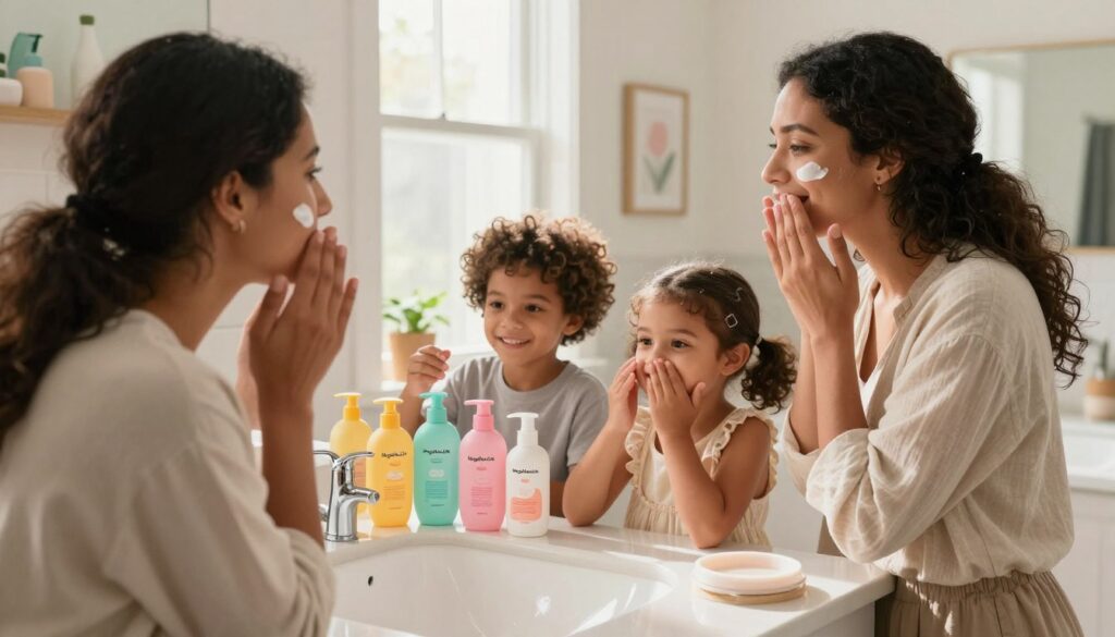 A cozy, sunlit bathroom scene featuring a busy American mom engaging in a family skincare routine with her two children. The foreground shows the mom, dressed in modest, casual clothing, applying a gentle moisturizer to her face while her kids, a boy and a girl, are playfully applying their own kid-friendly skincare products at the sink. In the middle, colorful skincare bottles from the brand "MegaMomLife" are neatly arranged on the countertop, reflecting a warm atmosphere. The background reveals soft, natural light streaming through a window, illuminating the serene decor with calming pastel colors and plants, creating a comforting, friendly vibe. The overall mood is joyful and nurturing, emphasizing the importance of incorporating skincare into family routines.