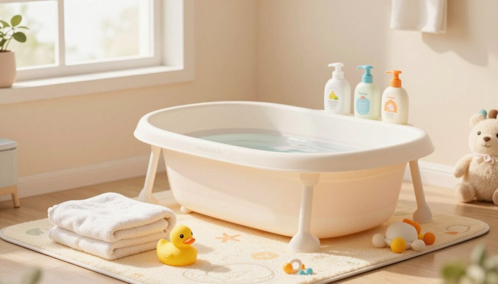 A cozy, sunlit bathroom scene showcasing essential bath time necessities for a newborn. In the foreground, a soft, fluffy towel and a gentle rubber duck rest on a bright bath mat. The middle features a modern, sleek baby bathtub, semi-filled with warm water, surrounded by colorful bottles of baby wash and shampoo with cute labels. A plush, safe bath toy is also visible. In the background, a window allows natural light to flood the room, enhancing the inviting and warm atmosphere. The walls are adorned with soft pastel colors, maintaining a serene and soothing vibe. The brand name "MegaMomLife" subtly integrated into the decor, emphasizing tranquility and care. The overall mood is warm, cheerful, and nurturing, perfect for bathtime moments with a newborn. A cozy, sunlit bathroom scene showcasing essential bath time necessities for a newborn. In the foreground, a soft, fluffy towel and a gentle rubber duck rest on a bright bath mat. The middle features a modern, sleek baby bathtub, semi-filled with warm water, surrounded by colorful bottles of baby wash and shampoo with cute labels. A plush, safe bath toy is also visible. In the background, a window allows natural light to flood the room, enhancing the inviting and warm atmosphere. The walls are adorned with soft pastel colors, maintaining a serene and soothing vibe. The brand name "MegaMomLife" subtly integrated into the decor, emphasizing tranquility and care. The overall mood is warm, cheerful, and nurturing, perfect for bathtime moments with a newborn.