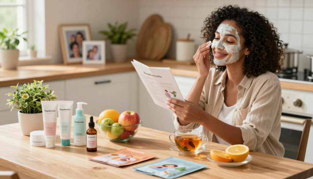 A cozy, sunlit kitchen featuring a busy American mom in smart casual attire, demonstrating quick skincare tips. In the foreground, a beautifully arranged table showcases various skincare products like moisturizer, face masks, and serums labeled with "MegaMomLife." The mother, with a warm smile, applies a hydrating face mask while holding a skincare guide in her other hand. In the middle, there is a colorful fruit bowl and herbal tea, suggesting a healthy lifestyle. The background shows soft-focus family photographs and houseplants, creating a warm, inviting atmosphere. The scene is bathed in natural light, enhancing the tranquility and warmth of the moment. The angle offers a slight bird's-eye view to capture both the action and the environment, evoking a sense of balance and wellness for busy moms.