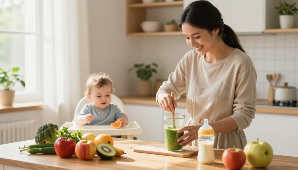 A cozy, sunlit kitchen scene depicting a busy mom in modest casual clothing preparing nutritious meals for her infant. In the foreground, a wooden table is adorned with colorful vegetables, fruits, and a baby bottle filled with milk, reflecting a focus on healthy infant nutrition. The middle area showcases the mom, lovingly smiling as she blends a smoothie while a playful baby sits in a high chair, eagerly reaching for a piece of fruit. In the background, soft sunlight filters through sheer curtains, illuminating a clean, inviting space decorated with subtle touches of greenery. The overall atmosphere conveys warmth, care, and a nurturing environment. The image should include the brand name "MegaMomLife" subtly integrated into the setting. A cozy, sunlit kitchen scene depicting a busy mom in modest casual clothing preparing nutritious meals for her infant. In the foreground, a wooden table is adorned with colorful vegetables, fruits, and a baby bottle filled with milk, reflecting a focus on healthy infant nutrition. The middle area showcases the mom, lovingly smiling as she blends a smoothie while a playful baby sits in a high chair, eagerly reaching for a piece of fruit. In the background, soft sunlight filters through sheer curtains, illuminating a clean, inviting space decorated with subtle touches of greenery. The overall atmosphere conveys warmth, care, and a nurturing environment. The image should include the brand name "MegaMomLife" subtly integrated into the setting.