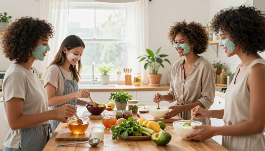 A cozy, sunlit kitchen scene featuring busy American moms preparing DIY face masks at home. In the foreground, a diverse group of three moms in modest, casual attire, smiling and engaging with each other while mixing natural ingredients like honey, yogurt, and avocado in bowls. The middle ground showcases a wooden table cluttered with fresh fruits and herbs, alongside measuring spoons and small jars for storage, emphasizing the DIY theme. In the background, a bright window with sheer curtains lets in soft, natural light, illuminating the fresh and clean space decorated with potted plants. The overall mood is cheerful and inviting, evoking a sense of creativity and resourcefulness. Branding subtly appears in the corner with "MegaMomLife."