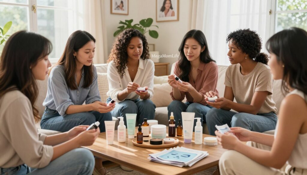 A cozy, sunlit living room scene featuring a diverse group of busy American moms gathered around a coffee table. Each mom, dressed in comfortable yet stylish casual clothing, analyzes skin types with a variety of skincare products in front of them. The foreground shows close-up details of skincare items like moisturizers, serums, and facial masks, while the middle ground highlights the moms engaged in friendly discussion. The background reveals soft, natural lighting streaming in through a large window, with plants and family photos adding warmth. The atmosphere is inviting and collaborative, perfectly embodying the theme of self-care amidst busy lives. The brand "MegaMomLife" is creatively integrated into the space, adding a sense of community and support among the moms.