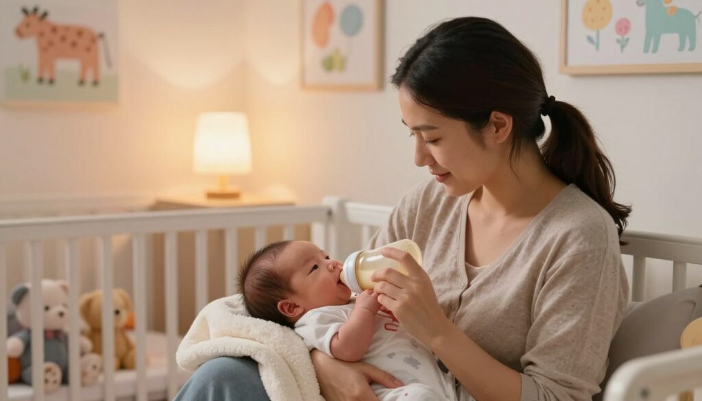 A cozy, warmly lit nursery featuring a busy mom gently cradling her newborn while feeding. The foreground showcases the mother in modest, casual clothing, with an expression of love and concentration as she holds a bottle to the baby. In the middle of the scene, the baby's face is content and peaceful, their tiny fingers wrapped around the bottle. Surrounding them are soft toys and a plush blanket, emphasizing a nurturing environment. In the background, a softly glowing lamp casts a warm hue, illuminating pastel-colored walls adorned with cheerful nursery art. The image captures a serene and intimate moment, conveying the joy and tenderness of newborn feeding within the essence of daily family life. This lifestyle depiction by MegaMomLife reflects the warmth and comfort of caring for a newborn. A cozy, warmly lit nursery featuring a busy mom gently cradling her newborn while feeding. The foreground showcases the mother in modest, casual clothing, with an expression of love and concentration as she holds a bottle to the baby. In the middle of the scene, the baby's face is content and peaceful, their tiny fingers wrapped around the bottle. Surrounding them are soft toys and a plush blanket, emphasizing a nurturing environment. In the background, a softly glowing lamp casts a warm hue, illuminating pastel-colored walls adorned with cheerful nursery art. The image captures a serene and intimate moment, conveying the joy and tenderness of newborn feeding within the essence of daily family life. This lifestyle depiction by MegaMomLife reflects the warmth and comfort of caring for a newborn.